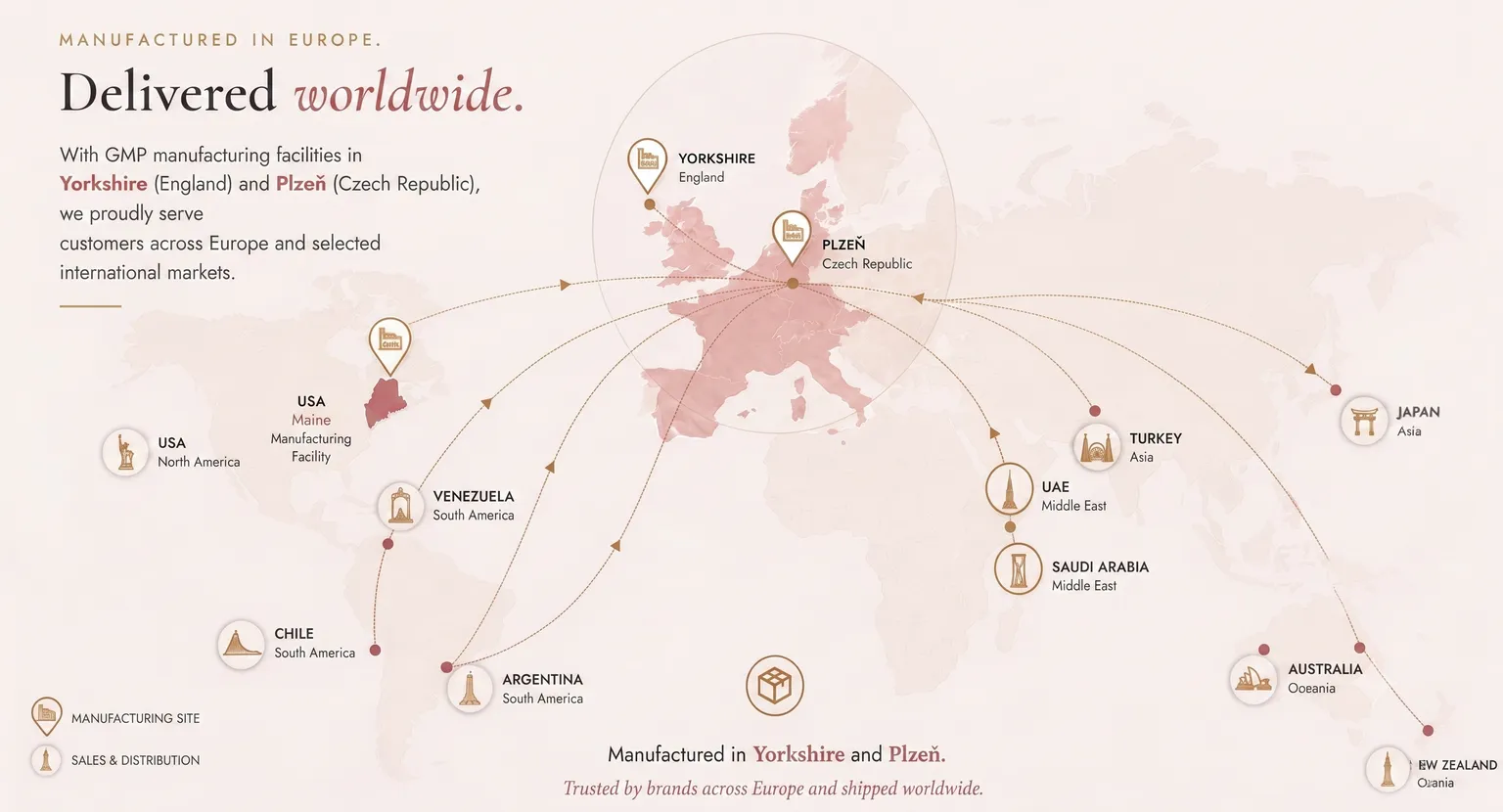 Map of Vision Meditech's shipping routes from Yorkshire (England), Plzeň (Czech Republic) and a Maine (USA) manufacturing facility to customers worldwide, including Saudi Arabia and the UAE